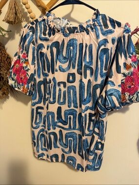 SHEIN Blue Graphic Print Off-Shoulder Blouse with Pink Floral Embroidery